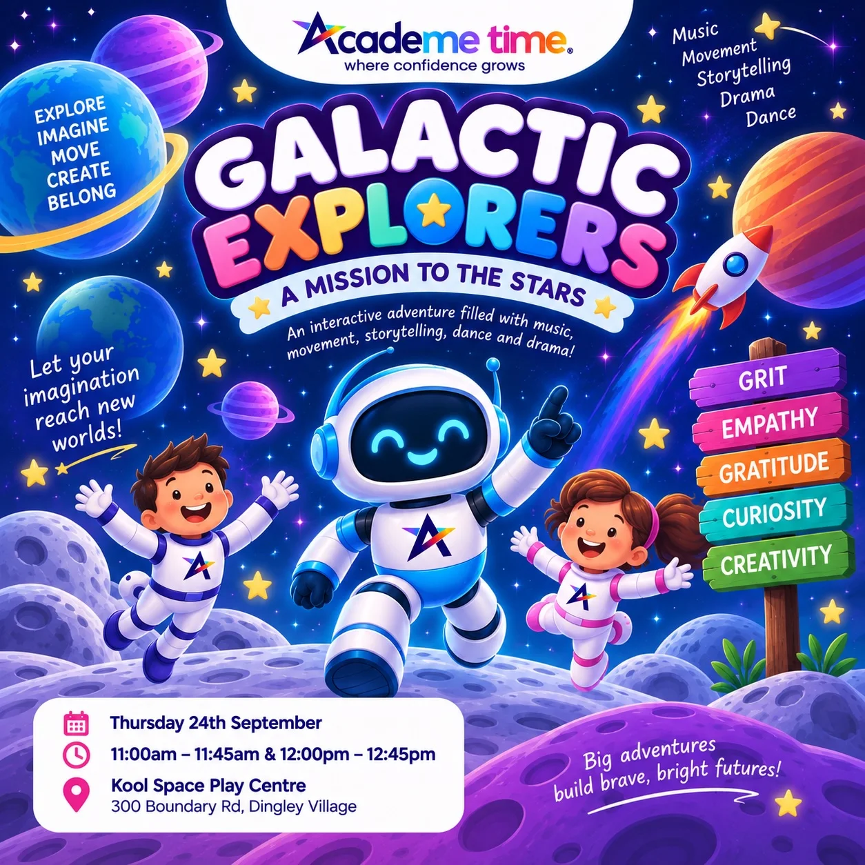 Illustrated kids in space suits with a friendly robot on the moon